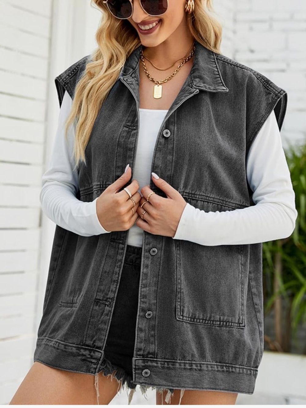Washed Black Denim Vest Jean blazer women button front - Picture 3 of 8
